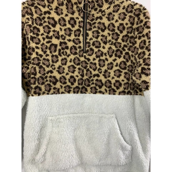 Wanna B Jacket Sherpa Fleece Womens Small Quarter Zip Animal Print Off White - Picture 7 of 11